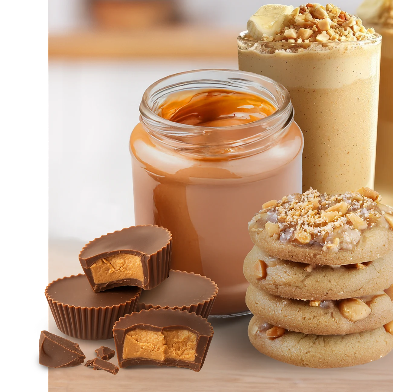 jar of peanut butter and a smoothie